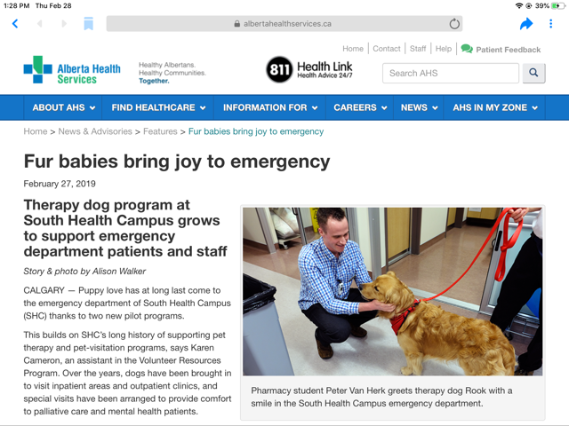 Alberta Helath Services: Golden Retriever brings joy to Emergency Room